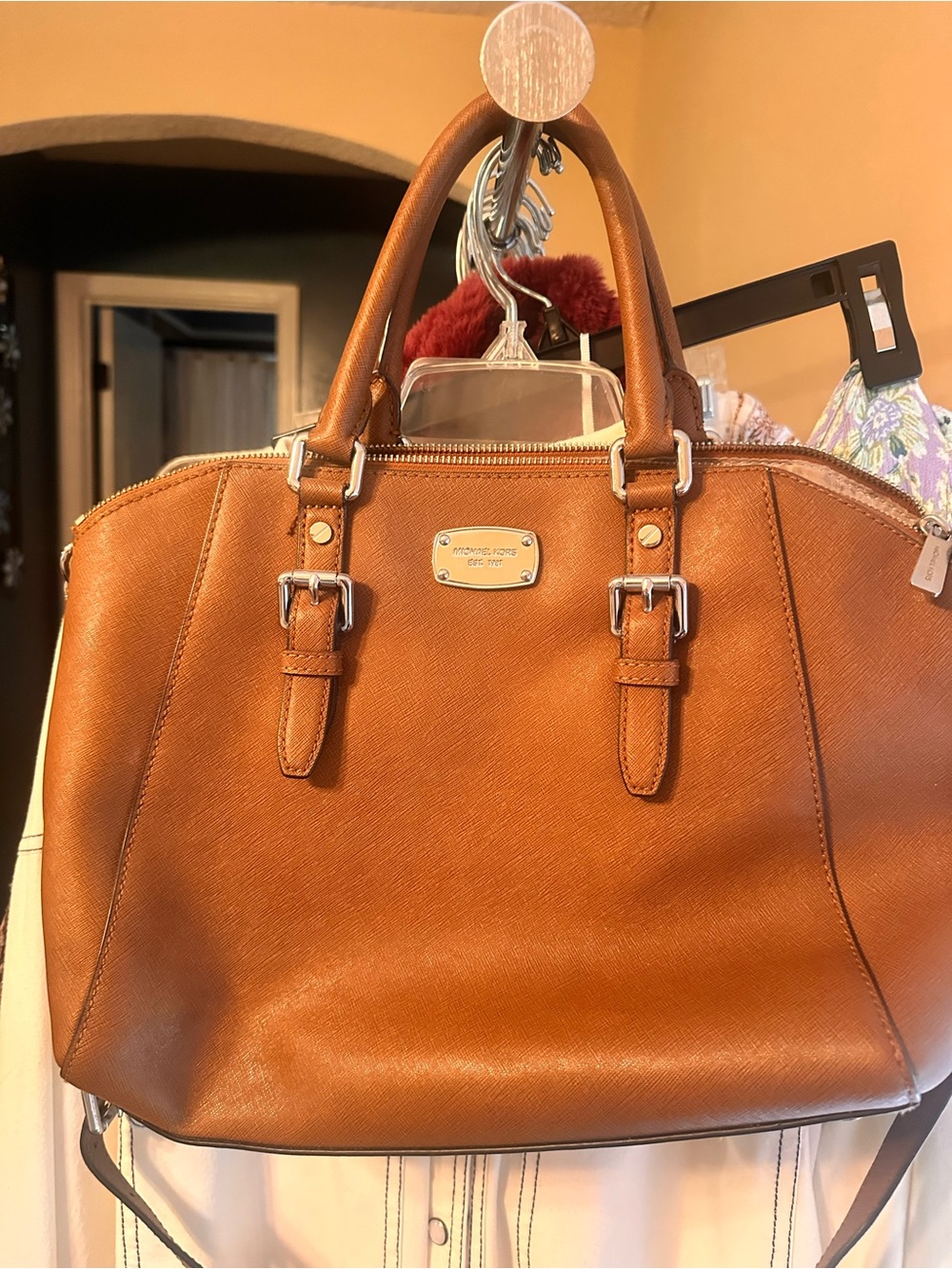 Michael Kors Cognac Leather Satchel with Silver Hardware